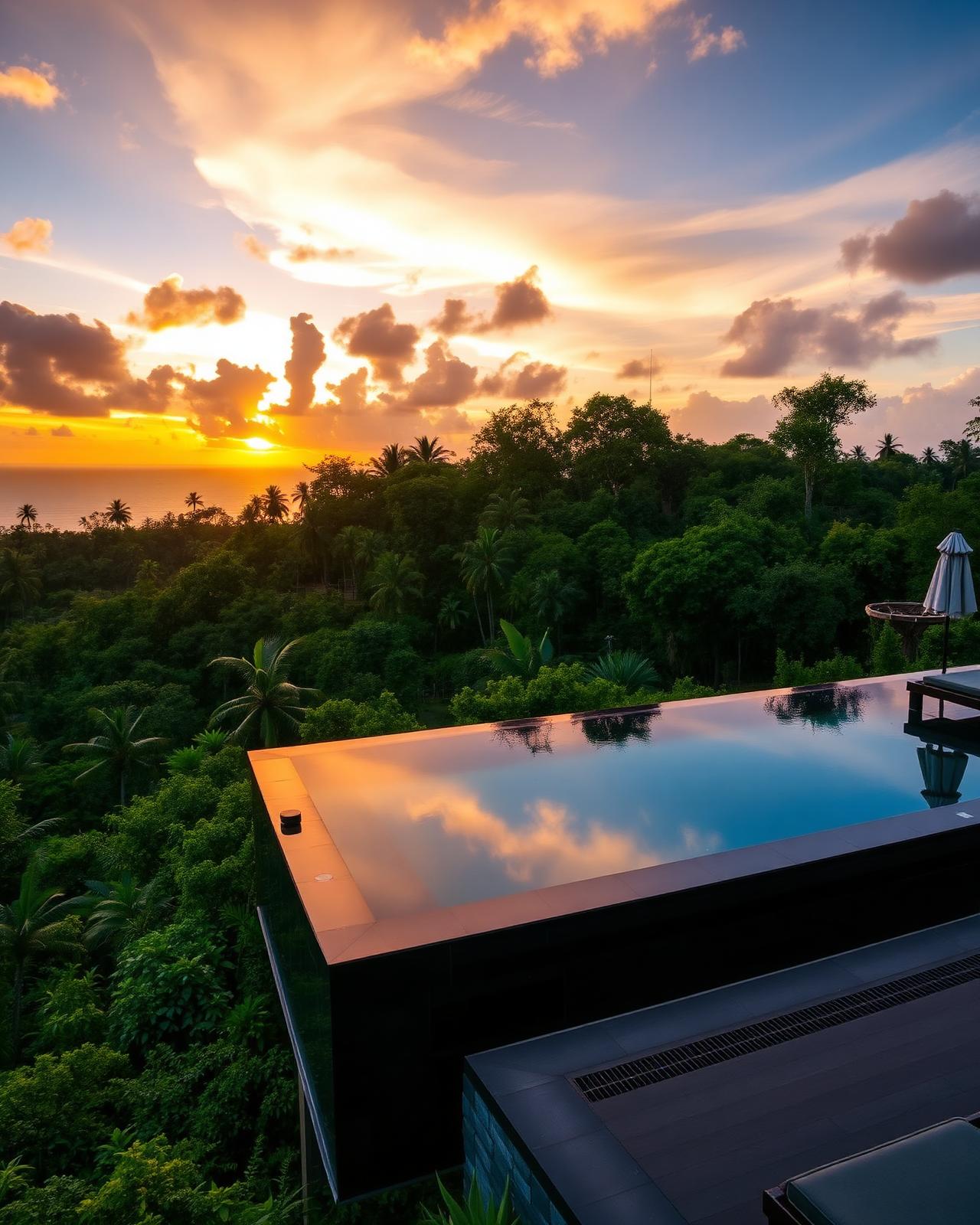 Luxury Bali villa with infinity pool at sunset